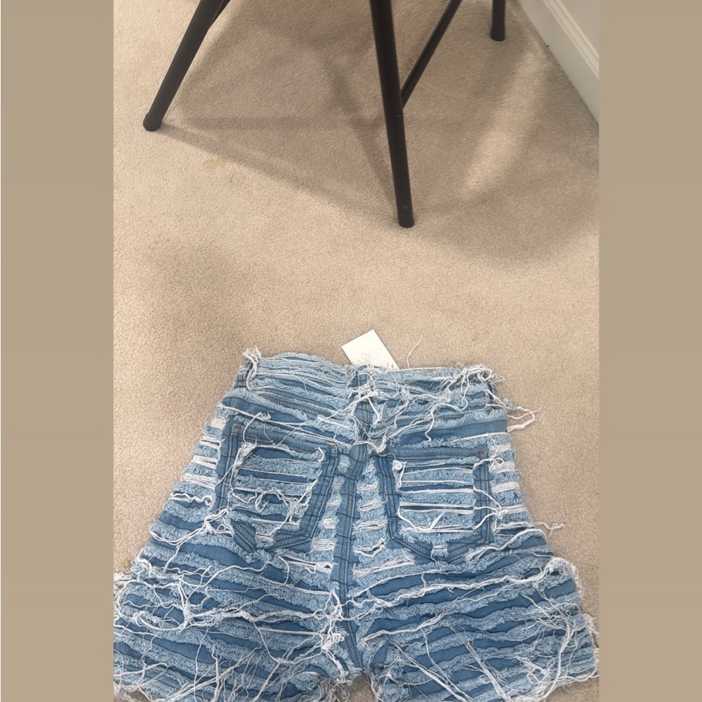 High-Rise Light Blue Distressed Denim Shorts - Picture 2 of 2